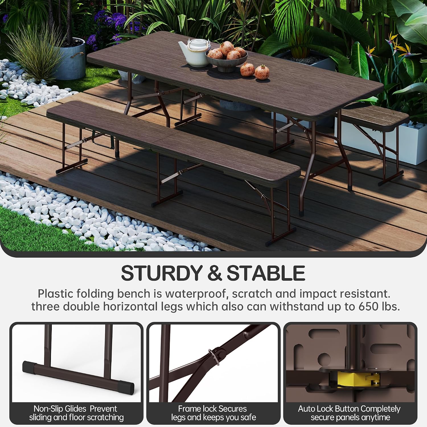 VSOAEIL 6 Foot Folding Bench 2 Pack, Foldable Plastic Bench Indoor Outdoor - Image 3