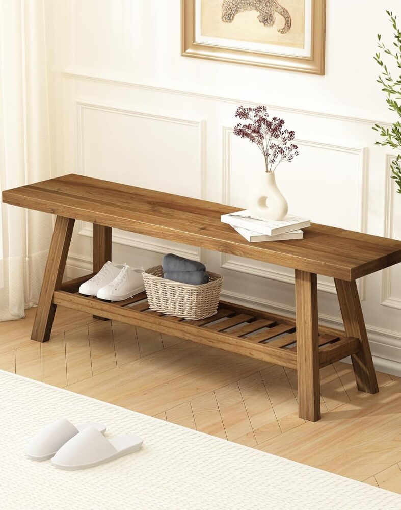 HOKYHOKY Reclaimed Solid Wood Bench-43.3" Entryway Bench with Storage Shelf