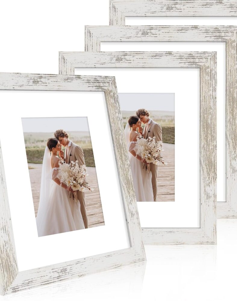 Hongkee 8x10 Picture Frame Set of 4, Real Glass and Wood Frame, 5x7 Mat